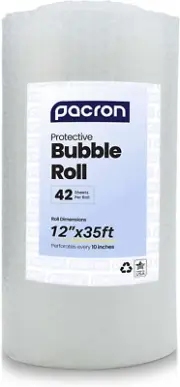 PACRON: 3/16 Bubble Cushioning Wrap, 35 FT. X 10 IN, Clear Bubble Roll, Perforat