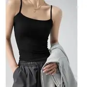 Scoop Neck Plain Ribbed Open Back Crop Camisole Top Black - M