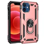 For Apple iPhone 12 Mini Case, Military Grade 360 Degree Rotating Metal Magnetic Ring Car Mount Holder Kickstand Shockproof Heavy Duty Cover (Rose Gold)