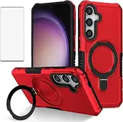 Dibosom Compatible with Samsung Galaxy S24 5G Case with Tempered Glass Screen Protector and Metal Ring Kickstand Heavy Duty Drop Protection Phone Cover for S 24 24S GS24 G5 Men Women Red