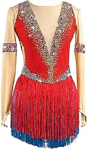 [Zagitova] Long Sleeve Figure Skating Dress Women Girls Tassel Ballet Dance Leotard Gymnastics Outfits