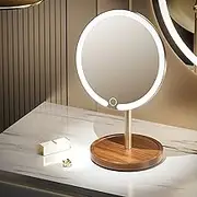 Makeup Mirror with LED Light,High-Quality Wooden Base,90° Rotatable Makeup Mirror with Stand,3 Color Lighting Travel Mirror,Dimmable Touch Screen for Bathroom&Bedroom