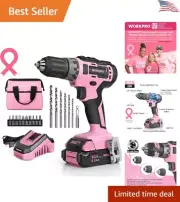 Pink Cordless Drill Driver Set - 3/8" Keyless Chuck - 2.0 Ah Li-ion Battery -...