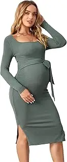 [OYOANGLE] Women's Maternity Rib Knit Split Hem Knot Front Square Neck Long Sleeve Bodycon Midi Dress