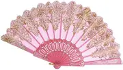 Exquisite Hand Held Flower Lace Silk Cloth Folding Fan for Party Wedding Delicate and Charming, Pink