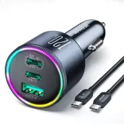 120W Car Charger USB C for iPhone 15 Pro 3 Port Super Fast Car Charger Adapter
