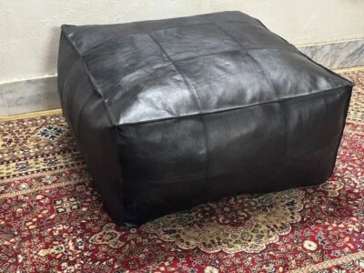 Leather Moroccan Ottoman Boho Unstuffed New Handmade Footstool Pouffe Black 30''