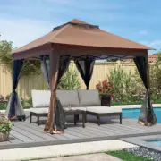Pop Up 11x11ft Gazebo Canopy w/2-Tier Soft Top, Removable Netting,Brown