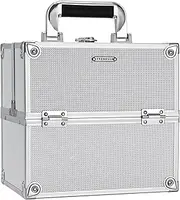 FRENESSA Makeup Train Case Makeup Organizer Box Portable Cosmetic Travel Case with Lock 4 Trays Aluminum Hard Vanity Box Make Up Artist Nail Beauty Storage Organizer Cosmetic Suitcase Bright Silver