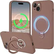 XXDD Designed for iPhone 15 Case with 360° Rotating Magnetic Stand, [Compatible with Magsafe] [Military Protection], Slim Full Camera Protection Liquid Silicone Case, 6.1 inch, Light Brown