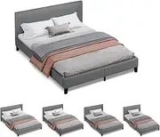[ALFORDSON] Bed Frame with Headboard in Linen Fabric Upholstery King Size, Bed Base Platform with Adhesive Velcro Strips Wooden Slats, Mattress Foundation Max 320kg, Fabric Grey