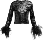 ALICE + OLIVIA DELAINA BLACK SEQUIN EMBELLISHED FEATHER TRIM TOP SZ.XS-NWT