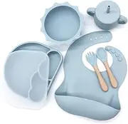 6 Pc Silicone Baby Feeding Set - Divided Suction Plate, Suction Bowl, Spoon and Fork, Silicone Bib and Sippy Cup - Baby Led Weaning Feeding Utensils - BPA Free - Dishwasher Safe (Dusty Blue)