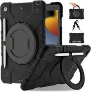iPad 9th/8th/7th Generation iPad Case, Case for iPad 10.2 Inch Case Compatible with iPad 10.2 Inch 2021/2020/2019-Shockproof Rugged Protective Case iPad Kids Case with 360 Rotating Hand Strap-Black