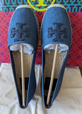 Tory Burch Weston Flat Espadrille Denim Chambray Canvas Shoes, NIB, Sz 9.5