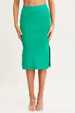 Green Knit Skirt Midi Side Split - Size L, Women's Midi Bodycon