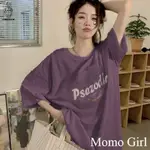 「MOMO STYLE」美式葡萄紫 半袖正肩 短袖T恤女 小個子夏季 新款小眾 韓系風格