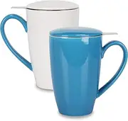 amHomel Porcelain Tea Mug With Infuser Basket and Lid for Steeping 15 OZ Cups, Mugs Set of 2 Mintblue color