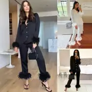 Fashion Women Pajamas Feather Trim Long Sleeve Top Shirt Long Pants 2 Piece Sets