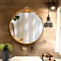在飛比找ETMall東森購物網優惠-歐式復古浴室化妝鏡法式衛浴鏡臥室墻面廁所圓形壁掛墻雕花梳妝鏡
