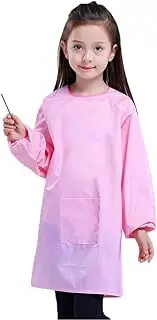 Huahui Kids Art Smock Waterproof Child Artist Painting Apron with 2 Pockets for Girls School Art Class Age 2-12, Pink-long Sleeves