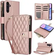 YocoverTech for Samsung S23 Plus 5G Case,for Galaxy S23 Plus 5G Flip Case,6 Card Holders +1 Cash Slot Wallet Cover Magnetic Folio Closure Purse with Wristlet Crossbody Lanyard-Rose Gold