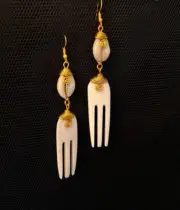African Bone, Shell & Brass Dangle Earrings
