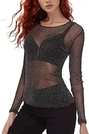 [Lufdegim] Women's Mesh Top, Glitter Mesh Top, Transparent Long Sleeve Shirt, Transparent Black Mesh Sheer Tops for Clubwear, Party Outfit