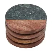 Mud Pie Marble and Wood Coaster Set, Green, 4" Dia