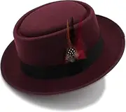 [Yiozoi] Fashionable Female Pork Pie HAT Wool Flat Top Fedora Gambler Panama Trilby Hat with Fashionable Feathers