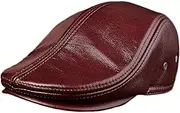 KJIASDFE Winter Hats,Leather Beret Cap Men's Newsboy Cap Cowhide Vintage Flat Cap Autumn Winter Red Wine