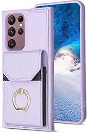 for Samsung Galaxy S22 Ultra Back Case, Wallet Case with Card Holder, Leather Case with 6 Card Solts, 360°Rotation Ring Kickstand Shockproof Case Compatible with Samsung S22 Ultra 5G(Purple)