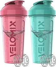 VELOMIX -2 Pack- 28 oz Protein Shaker Bottles for Protein Mixes - 2x Wire Whisk | Leak Proof Shaker Cups for Protein Shakes | Protein Shaker Bottle Pack | Shakers for Protein Shakes-Pink&Turquise