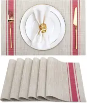 Placemats,Style Placemats for Dining Table Set of 6, Heat Resistant Place Mats, Washable PVC (beige+red)