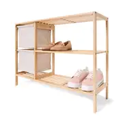Linen Look Bamboo Shoe Storage with 2 Baskets