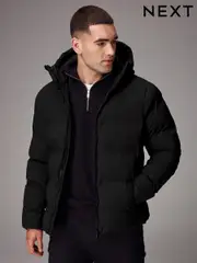 Black Regular Length Shower Resistant Hooded Puffer Coat (579036) | $109