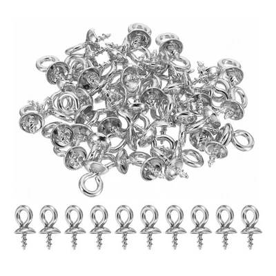 Eye Pin Bail Peg Pendants, 50Pcs 8x4mm Steel Mini Screw Eye Pin, Silver Tone