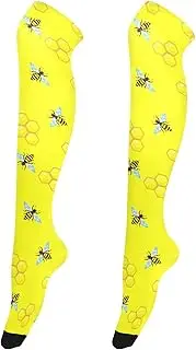 [Caihoyu] Knee-High Socks Women Lightweight Extra Long Knee High Socks Tall Boot Stockings Leg Warmers for Cosplay Bees Honeycombs Pattern, Bees Honeycombs Pattern