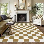 Lahome Checkered Large Area Rug 6x9 for Bedroom, Modern Cotton Woven Washable Carpet for Living Room, Low Pile Checkerboard Rugs for Kids Room Nursery (Khaki)