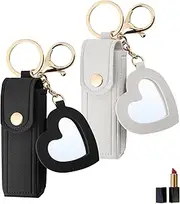 Beautyflier Pack of 2 Lipstick Organizer Keychain Chapstick Case with Mirror for Women, Portable Lipstick Leather Holder Lip Gloss Bag Lip Balm Case for Travel, Party, Holiday Gifts, Black+white,