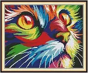 Cross Stitch Embroidery Kits for Adults Kids, WOWDECOR Animals Funny 11CT Stamped DIY DMC Needlework Easy Beginners (Colorful Cat)