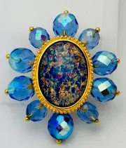 Signed Joan Rivers Vintage New Gold Plated Blue Aurora Crystal Lucite Pin Brooch
