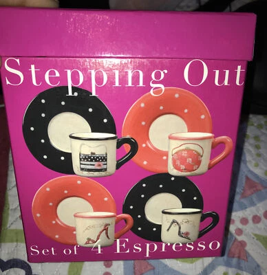 Handpainted Ceramic Espresso Cups-Saucers-Shoes Purses Set Of 4