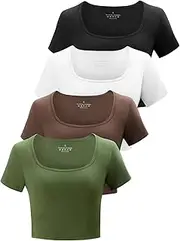 [Kole Meego] Square Neck Crop Tops for Women Workout Tops Trendy Going Out Tops Gym Summer Shirts 4 Pack