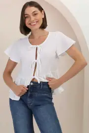 Renn Tie Top - V Neck Cap Sleeve Tie Front Linen Top in White