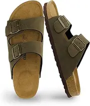 [CUSHIONAIRE] Men's Black Nubuck Cork Footbed Slide Sandal with Adjustable Buckle