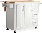Lyromix 54" Rolling Kitchen Island Cart with Storage, Large Kitchen Cart Cabinet with Folding Drop Leaf Breakfast Bar, Wood Island Table with 3 Drawers and Spice Rack & Towel Rack, White