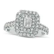 1.0 CT. T.W. Emerald-Cut Natural Diamond Double Frame Engagement Ring in Solid 14K White Gold