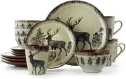 [Elama] Round Stoneware Cabin Dinnerware Dish Set, 16 Piece, Elk Design with Warm Taupe and Brown Accents