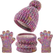 Kids Pompom Winter Beanie Hat Scart Gloves Set,Boys Girls Knitted Fleece Lined W